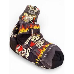 Ed Hardy Cushioned Crew Socks 2 Pair Black Grey Mens Love Kills Retro 80's NWT